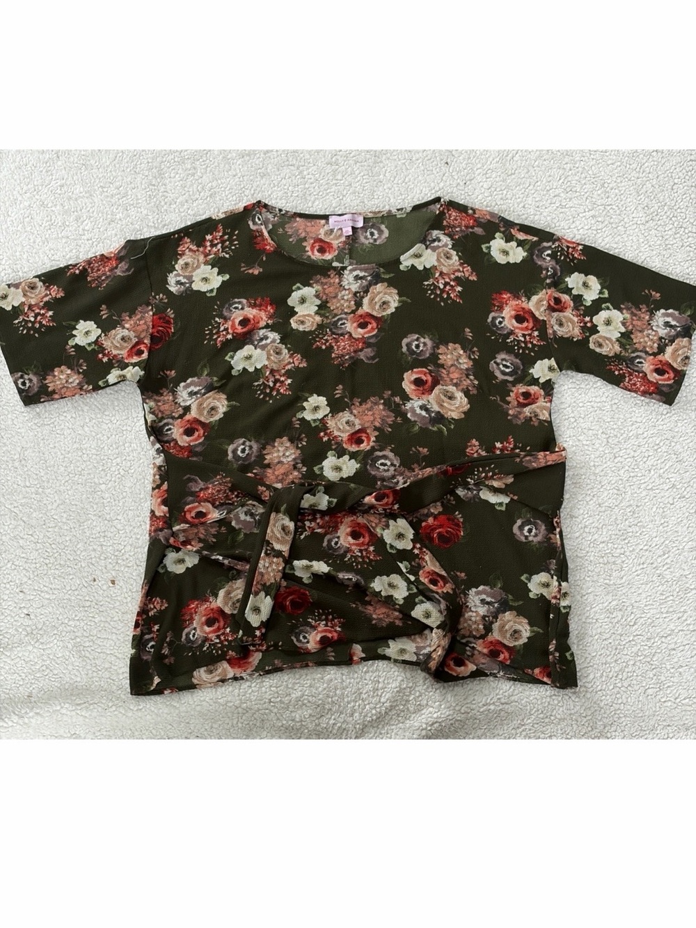 Molly & Isadora 0XL Floral Tie Waist Blouse Olive Green Plus Size